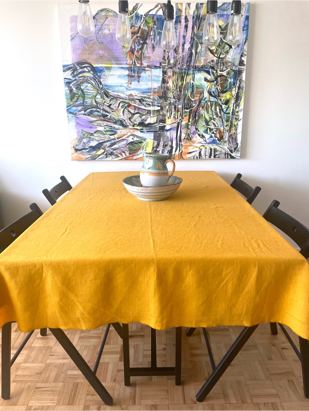 Linen Hemstitched Openwork Tablecloth, Golden Mustard Yellow Ochre 56” x 76”